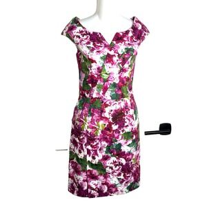 Oscar de la Renta Floral Cotton Stretch Dress Size 8 Italy Lined in Silk
